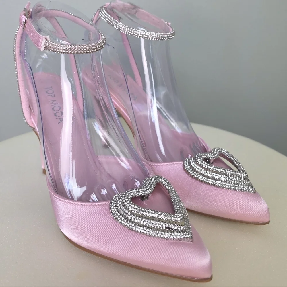 TOP MODA Pink Satin Freya Pointed Toe Sparkly Heart Ankle Strap Heel, Size 6.5